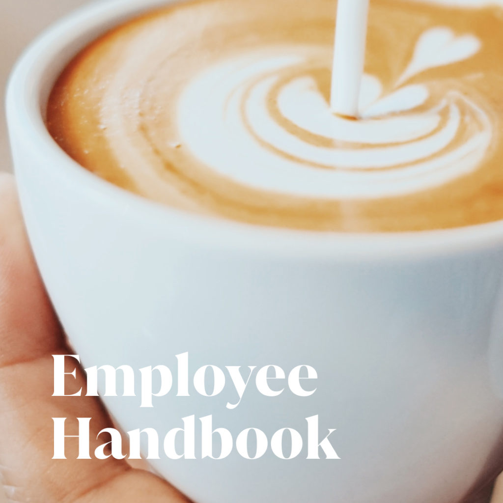 Employee Handbook text over image of cappuccino